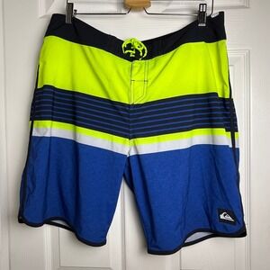 Quiksilver Mens Board Shorts Size 36 Neon Yellow Blue Striped Swim Trunks Spring